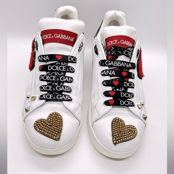 Dolce & Gabbana White Leather Portofino Gold RedHeart Low Top Sneakers Size 38 - Picture 5 of 13